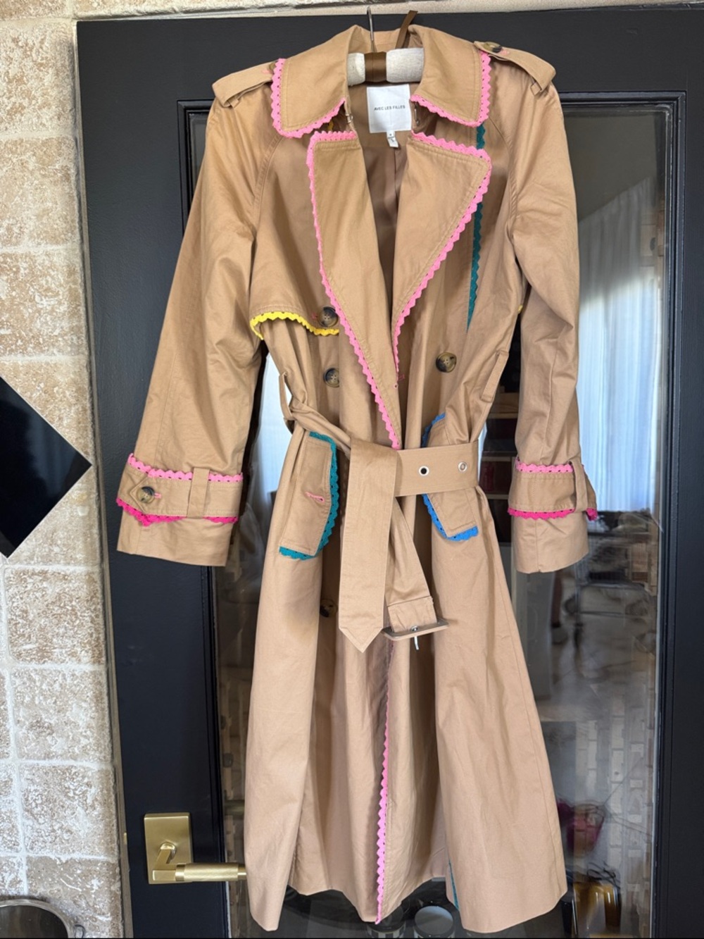 Avec Les Filles Tan Trench Coat with Pink, Yellow, Blue & Teal Trim